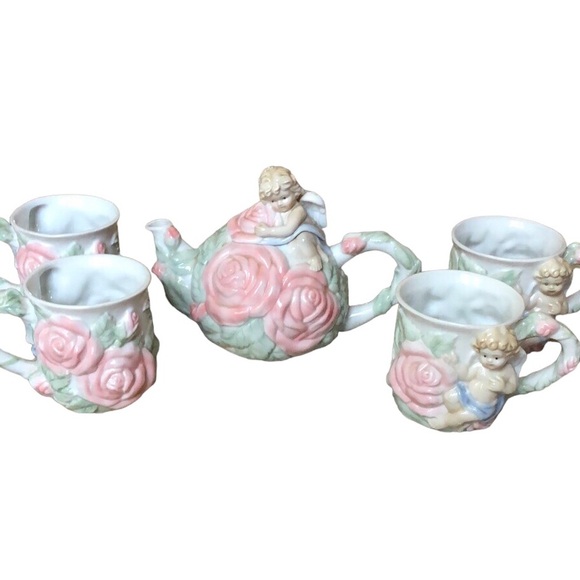 Avon rose cherubs porcelain teapot & 4  matching cups set girls tea party - Picture 12 of 13